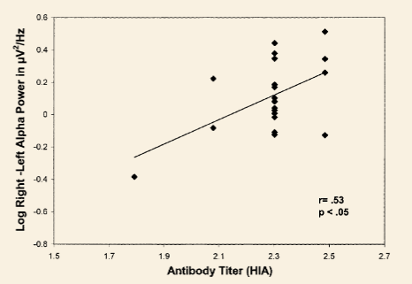 Correlation of the magnitude of brainwave asymmetries (a measure improved by meditation) to the rise in antibodies after a flu shot.  The meditators who showed the largest increases in brain activation asymmetry also showed the largest responses to the vaccine.  There was no relation between these variables in the non-meditator group.